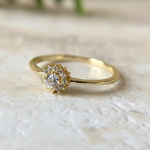 Dainty 14k Gold Plated Sunburst Ring 925 Sterling Silver Celestial CZ Ring - Picture 2 of 3